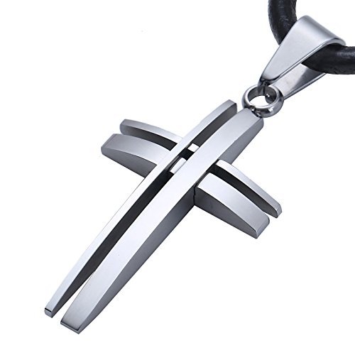 DonDon Collar de Cuero con Colgante Cruz Moderno de Acero Inoxidable Plateado para Hombres en Bolsa para Joyas DonDon Collar de Cuero con Colgante Cruz Moderno de Acero Inoxidable Plateado para Hombres en Bolsa para Joyas
