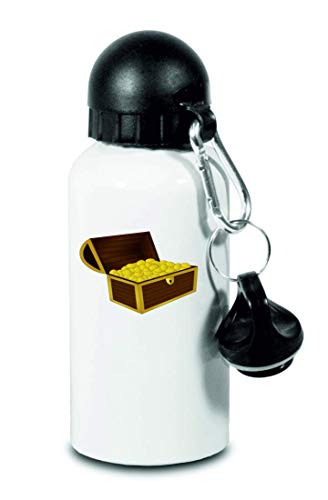 Drucklebnis24 Botella – Cofre del tesoro oro oro Box – para niños, escuela, deporte, fitness – Botella de agua fina de aluminio, color Blanco, tamaño 500 ml