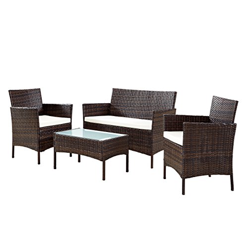 EBS Conjunto de Muebles Ratán de Jardin o Terraza 4 Piezas con Cojines Blancos - 1 Mesa de Café 1 Sofá Biplaza y 2 Sillas/Color Marrón EBS Conjunto de Muebles Ratán de Jardin o Terraza 4 Piezas con Cojines Blancos - 1 Mesa de Café 1 Sofá Biplaza y 2 Sillas/Color Marrón