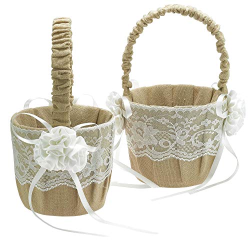 Einssein 2X Cesta de Flores Boda Flor de Yute 17x26x13 Arras cestos Mimbre Bodas decoración Decoracion cestas Bebe Anillos pequeña Porta alianzas Comprar cestitas Regalos vacias cesto Cojines Setas