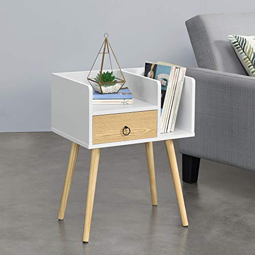 [en.casa] Mesita de Noche Mesilla de Noche Cómoda Mesa Auxiliar 64 x 50 x 36 cm Mesa de Noche con cajón y 2 Áreas de Almacenamiento Madera Natural y Blanco