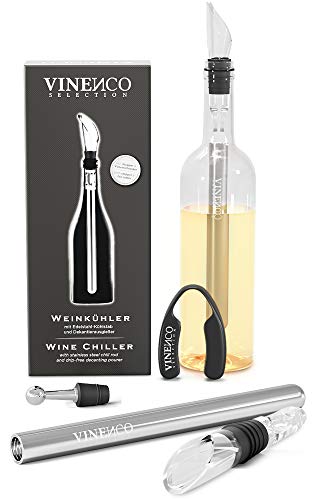 Enfriador de Botellas de Vino Blanco, 3 en 1 Kit: Juego de Refrigeración (Acero) de Calidad + Tapón–Decantador + Aireador | Accesorios Bar, Idea Regalo Mujer Hombre Cumpleaños Fiesta Amigo Barman