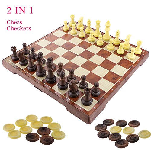 Fixget 2 en 1 juego de ajedrez-12 "x12" Ajedrez de madera y damas conjunto con portátiles plegables de almacenamiento de viaje de ajedrez tablero de juego