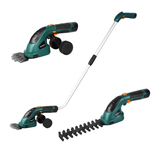 FIXKIT Tijeras Cortasetos, Tijera Jardín Set 2 en 1 con Mango Telescópico, Cuchilla con Sistema Multiclick, No Vibrante, Silenciosa, Fácil de Guardar y Mover, 85 Minutos de Uso Continuo