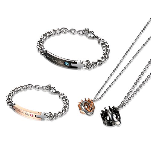 Flongo Pulseras para Parejas, His Queen y Her King, Acero Inoxidable Collares de Parejas Enamorados Coronas Colgantes, Original Regalo para San Valentín/Navidad Flongo Pulseras para Parejas, His Queen y Her King, Acero Inoxidable Collares de Parejas Enamorados Coronas Colgantes, Original Regalo para San Valentín/Navidad