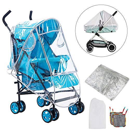 FOGAWA Kit Protector de Lluvia Universal Plastico Burbuja de Lluvia para Silla de Paseo Cochecito Bebe Rueda 4 Rueda 3 Capazzo Paraguas con 1 Mosquitera 2 Bolsas de Malla 1 Funda Impermeable