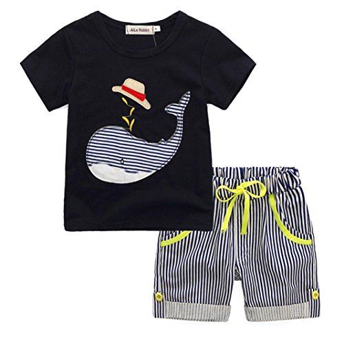 Fossen Niño Camiseta Ballena de Sibujos Animados y Pantalones Cortos a Rayas Conjunto de Ropa Verano (7 años, Negro)