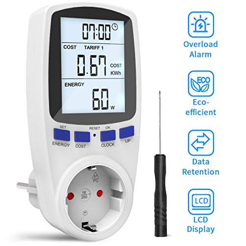 Gafild Medidor de consumo de corriente del medidor de energía，Monitor Contador de Electricidad con Pantalla LCD Retroiluminada，protección contra sobrecarga，3680W