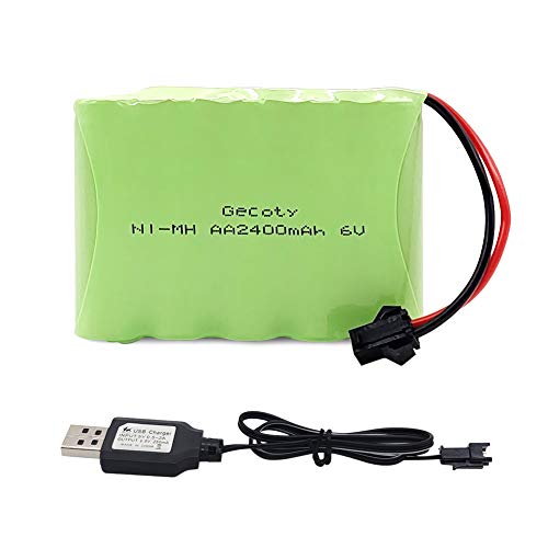 Gecoty® Paquete de baterías de 6 V, paquete de baterías NiMH, paquete de baterías AA recargables de 2400 mAh con cable de carga USB, enchufe SM 2P para niños 4WD RC Car 1/18, RC Truck 1:12