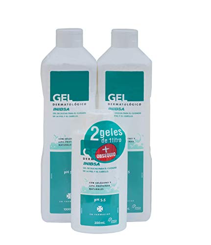 Geles Inibsa - Gel de ducha para el cuidado de la piel y el cabello, Ahorro Pack Dermatológico 2x1L + gel 200ml Geles Inibsa - Gel de ducha para el cuidado de la piel y el cabello, Ahorro Pack Dermatológico 2x1L + gel 200ml