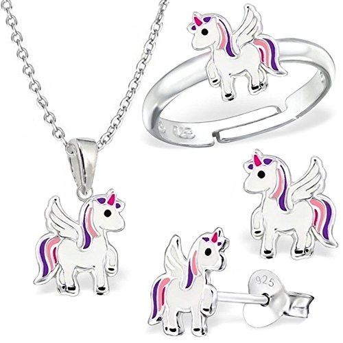 GH * Kleine Unicornio Juego Ring + Colgante + Collar + Pendientes Plata de ley 925 niños niña Pegasus Caballo