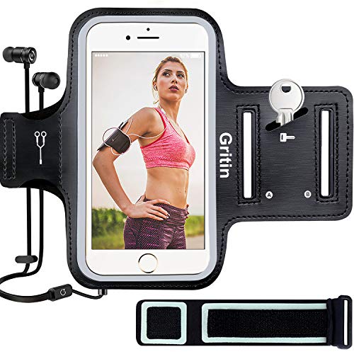 Gritin Brazalete Deportivo para Correr, Brazalete Móvil Deportivo Ajustable contra Sudor Correa de Extensión para iPhone 11 Pro/iPhone XS/X/iPhone 8/7/6/6s y Otros Teléfonos de Menos de 5.8"