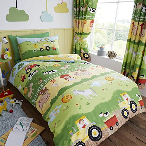 Happy Linen Company Set de Fundas Infantiles para edredón - Reversible - Animales de Granja - Verde/Amarillo - Individual