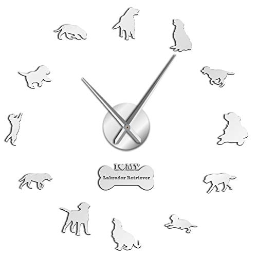 HIDFQY Labrador Retriever Reloj de Pared Grande Cría de Perros Labrador DIY Mural y Espejo Pegatina de acrílico Efecto de Espejo Reloj de Mano Grande 37 Pulgadas de Plata