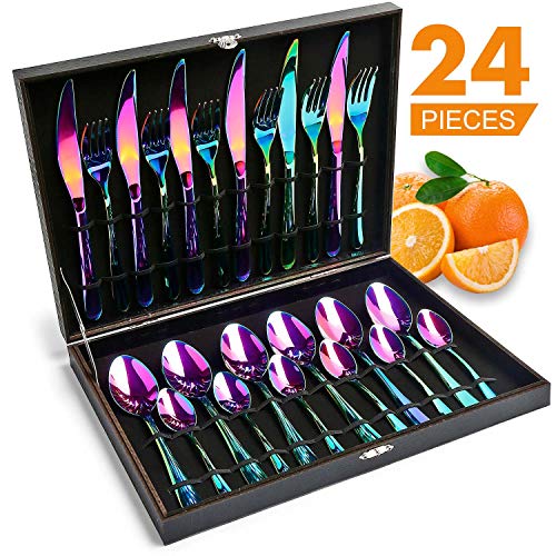 HOBO Juego de Cubiertos de 24 Piezas de Color Arco Iris en Acero Inoxidable, Vajilla para 6 Personas con Cuchillo, Tenedor, Cuchara, Cocina, Restaurante, Fiesta, Regalo