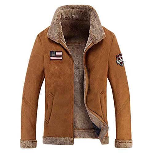 Hombre De Invierno Slim Fit Collar De Pie Chaqueta Hombres De Chic Cuero Collar De Piel Bordado Insignia Soft Warm Rme PU Throat Coat (Color : Khaki, Size : 4XL)