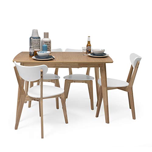 Homely - Conjunto de Comedor de diseño nórdico MELAKA Mesa Extensible de 120/160x80 cm Roble y 4 sillas Blancas