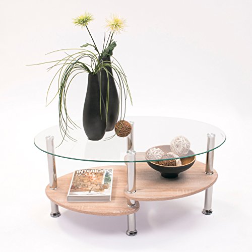 Homely - Mesa de Centro Ainara Roble con Cristal Ovalado y revistero de Madera, 90x55 cm Homely - Mesa de Centro Ainara Roble con Cristal Ovalado y revistero de Madera, 90x55 cm