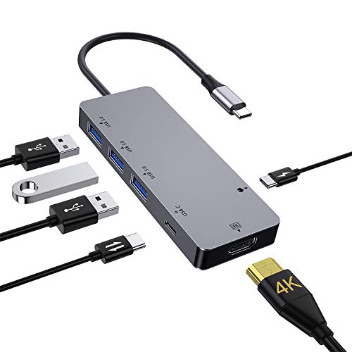 Hub USB C,Adaptador USB C 3.1 con 1 Puerto HDMI 4k, 3 Puerto USB 3.0, 2 Puertos Tipo C (Carga rápida/Transferencia de Datos), para Macbook Pro,Samsung S9/S9+,Huawei P20,Otros USB C Dispositivos