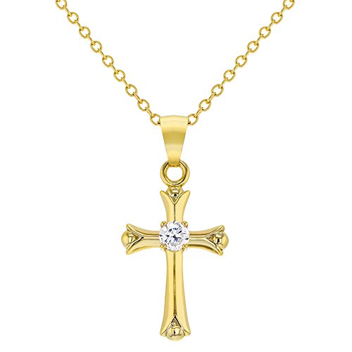 In Season Jewelry - Collar con colgante de cruz pequeña de cristal transparente chapado en oro de 18 quilates para niñas y niños de 16 pulgadas