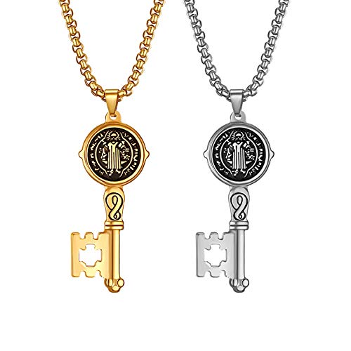 JewelryWe - Collar con medalla de San Benito, colgante con cruz católica, protección, sorcismo, de acero inoxidable, forma de llave, color plateado y dorado 2 Pcs