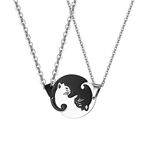 JewelryWe Collares para Parejas Amistad, Colgante de Gatos Negro Blanco Acero Inoxidable Collar para Hombre Mujer, Regalo Original de Navidad San Valentin, 1 Par