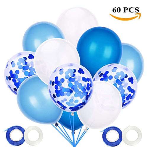 JOJOR Globos Azules y Blancos,60 Piezas Azul Globos con Confeti para Bebe 1 Año Cumpleaños,Niño Bautizos Comunion Baby Shower Azul,Bodas Aniversario Graduacion Fiesta Arco Decoracion