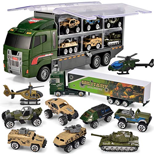 JOYIN Camión de Metal para Niños 10 En 1 Diecast Militar Coche Juguetes Vehículo de Construcción Carrier Truck