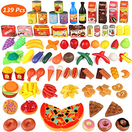joylink 139pcs de Juguetes Cortar Frutas Verduras Pizza Juego de Plástico para Niños Juguetes Temprano Eeducativos Set de Alimentos de Corte Juguete del Bebé