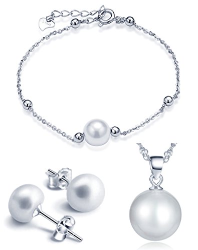 Juegos de Joyas- Yumilok Estilo de Perlas Collares & Pulsera & Pendientes para Mujer de Plata 925 y Perlas, 3 PCS Juegos de Joyas- Yumilok Estilo de Perlas Collares & Pulsera & Pendientes para Mujer de Plata 925 y Perlas, 3 PCS
