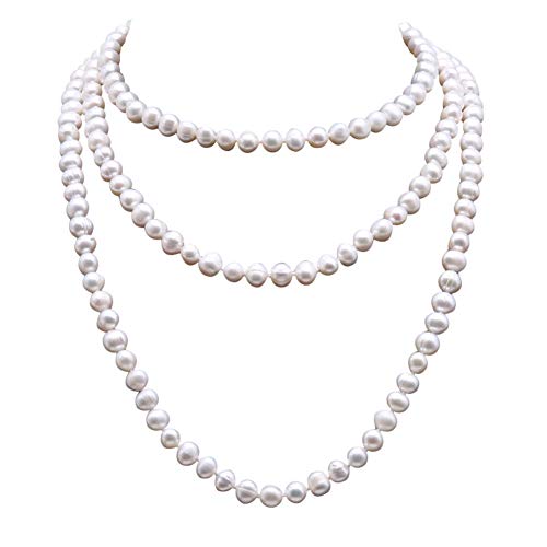 JYX - Collar largo de perlas de agua dulce de 8,5 a 9,5 mm, color blanco, largo de 150 cm