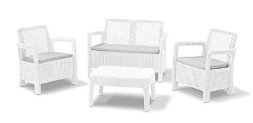 Keter -  Conjunto de jardin de 4 plazas Tarifa Lounge con cojines incluidos, Color blanco