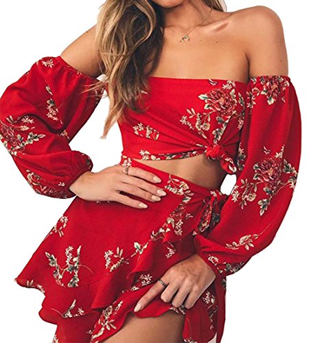 Longwu Mujer Boho Flower Impreso Off Shoulder Outfits Conjunto de Dos Piezas Tops + Falda Rojo-L