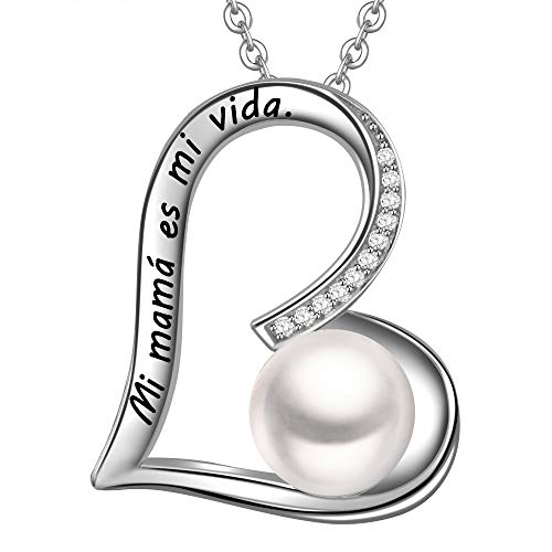 LOVORDS Collar Mujer Grabado Plata de Ley 925 Colgante Corazón Perla Cultivada Blanca de Agua Dulce 9mm Regalo Madre Mamá
