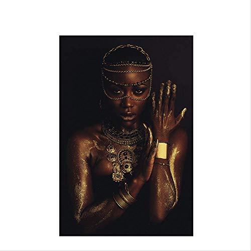 LWJZQT Mujer Africana Negra Y Dorada con Collar, Lienzo, Pintura, Pósters E Impresión, Imagen De Arte De Pared Escandinava para Sala De Estar 50×70cm