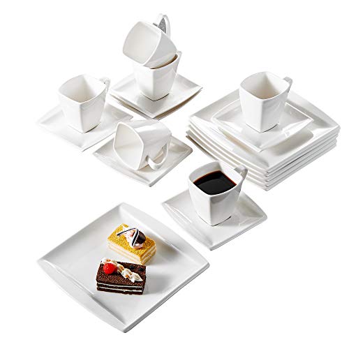 MALACASA, Series Blance, 18 Piezas Vajillas de Porcelana Juego de Café 180ml Juego de Vajillas con 6 Platos cada uno, 6 Tazas, 6 Platillos para 6 Personas