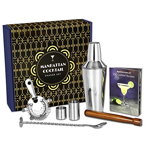 Manhattan Cocktail Shaker Set in Recyclable Box by bar@drinkstuff Home Cocktail Making Kit with Manhattan Shaker, FREE 224 Page Colour Cocktail Book, Cocktail Strainer, Muddler, Twisted Mixing Spoon, 25ml & 50ml Thimble Bar Measures