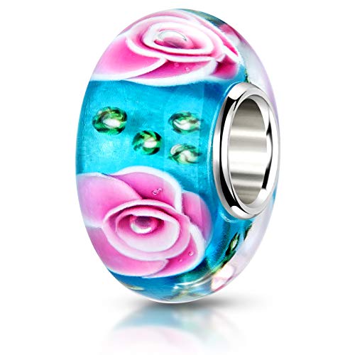 MATERIA 925 cuentas de plata colgante Charm Rose turcochipriotas rosa verde - objetos de cristal de Murano perla flor para Beads Pulsera #440