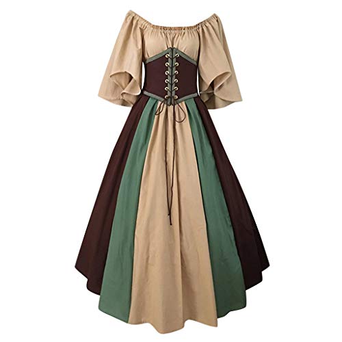 Medievales Disfraz Vintage Vestido Largo Labor de Retazos Collar Oblicuo Vestido de Fiesta Gotico Mujer Ropa