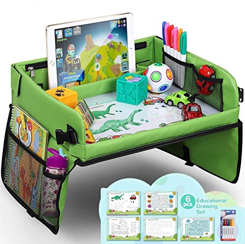 Mesa para Niños en la Asiento de Coche lenbest, Bandeja de Viaje Snack, Tablero Impermeable del Coche - 40x32 cm, Bandeja para Coche, Cochecito,Avión (Juego de Papel de Dibujo Educativo Extra)