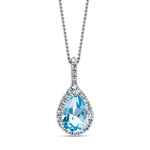 Miore - Collar para mujer de oro blanco de 9 quilates/375, colgante de piedra preciosa topacio azul y diamantes de 0,06 ct, longitud 45 cm