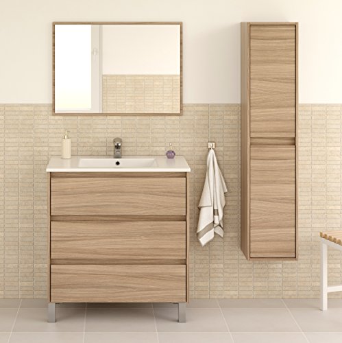 Miroytengo Pack mobiliario baño Que Incluye Mueble Lavabo 3 cajones, Espejo a Juego, lavamanos cerámico y Columna Aseo 2 Puertas Color Nature fabricación Nacional