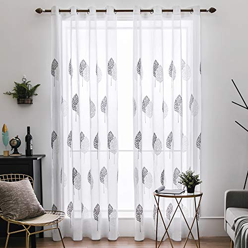 MIULEE 2 Unidades Cortinas Bordado Translucida de Dormitorio Moderno Ventana Visillos Rayas Salon Paneles con Ojales Plateados para Sala Cuarto Comedor Salon Cocina Habitación 140x225 cm Gris