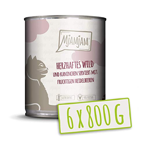MjAMjAM - Pienso acuoso para Gatos - Sustanciosa Carne de Caza y Conejo con arándanos afrutados - Sin Cereales - 6 x 800 g