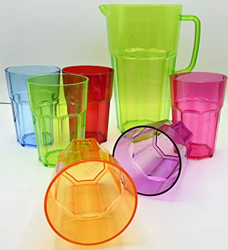 ML Pack 6 Vasos de 444ml de Colores y 1 Jarra de 2l de Agua plastico Reutilizable/inastillable, Duro, vajilla, Tazas, Copas, Vaso, niños, Infantiles, de Agua, cóctel, Fiesta