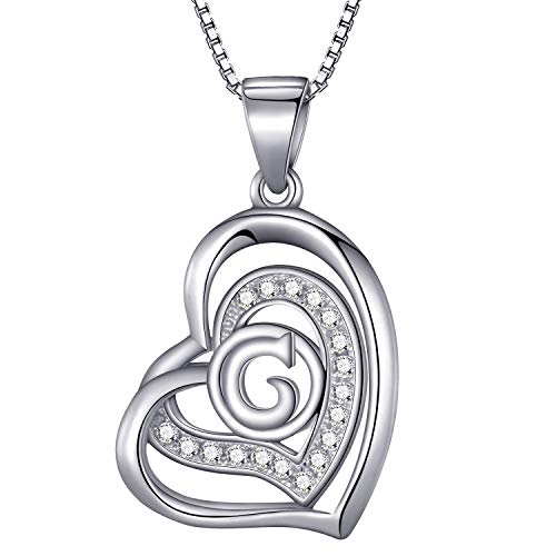 Morella Collar de Mujer con Colgante corazón-Letra G de 925 Plata rodiada con Piedras de circonita de Color Blanco 46cm