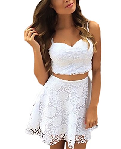 Mujer Conjuntos De Crop Top Y Falda 2 Piezas Elegantes Vintage Niñas Ropa Encaje Vestidos Sin Mangas Tirantes V Cuello Sin Espalda Blusas Y Faldas Cortas (Color : Blanco, Size : S)