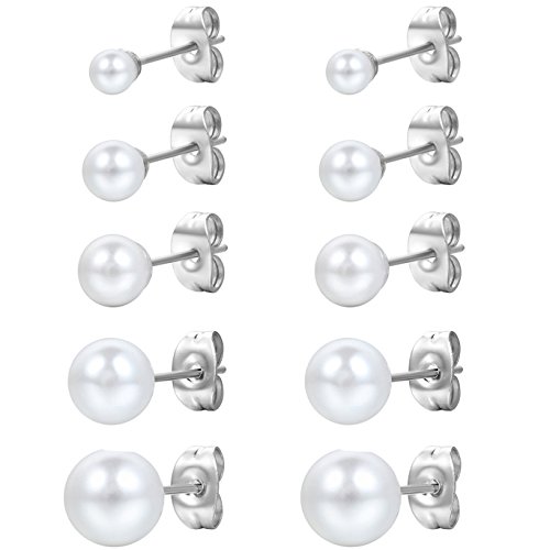 Mujer Flongo 10 piezas (4 mm, 5 mm, 6 mm, 7 mm, 8 mm) de acero inoxidable brillante hipoalergénico perla de imitación conjunto bola redonda pendientes del perno prisionero