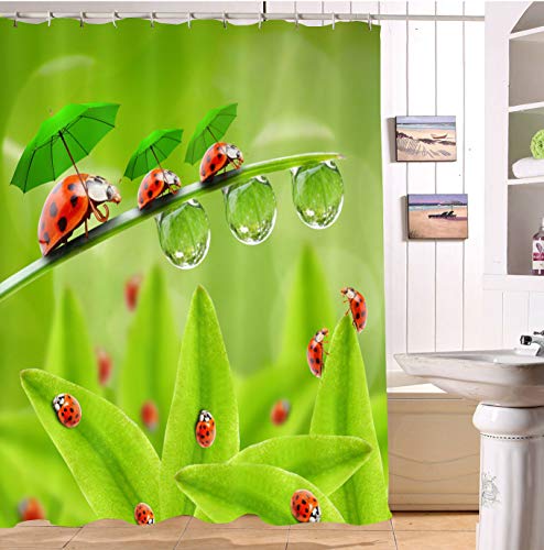 N/ Ladybug March Rain Cortina de baño Divertida Cortina de baño Impermeable Ganchos de Tela Estera 183 * 183CM