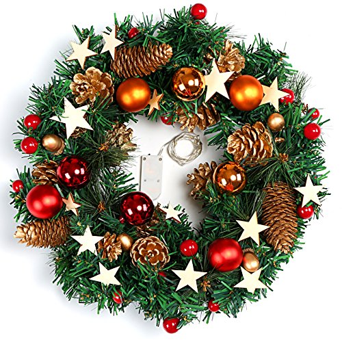 Naler Guirnalda de Corona de Navidad Puerta Decoración Navideña con Bolas Piñas Conos con Luz Blanca Cálida LED Naler Guirnalda de Corona de Navidad Puerta Decoración Navideña con Bolas Piñas Conos con Luz Blanca Cálida LED